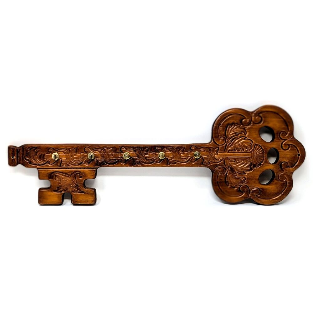 Vtg Carved Wood Skeleton Key Shaped Holder, 5 Hook Wall Rack | Grannycore Rustic
